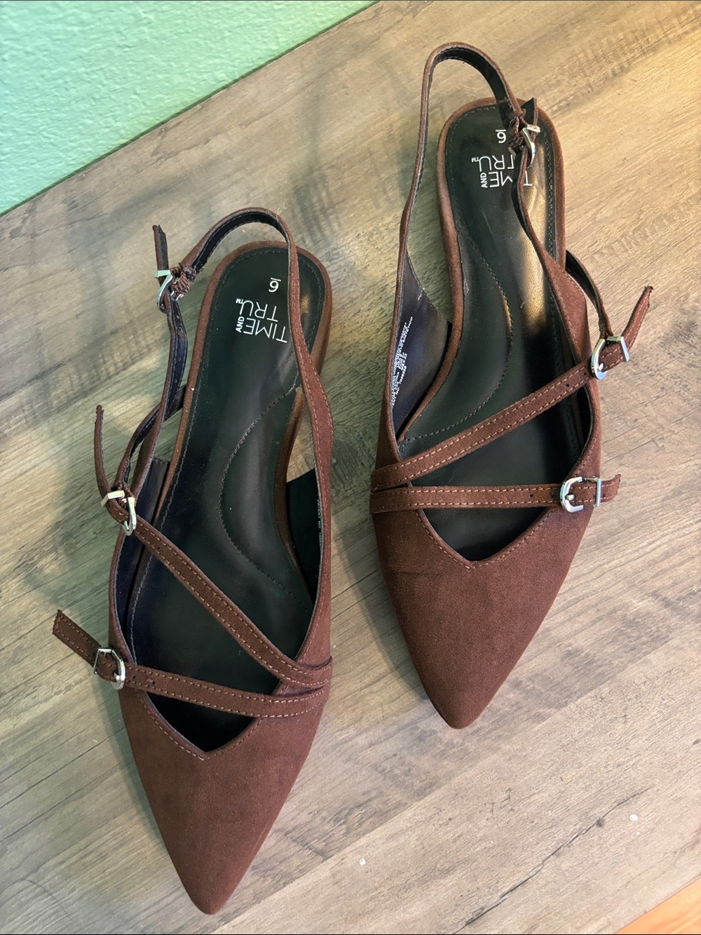 Time and Tru Brown Suede-Effect Pointed Slingback Flats